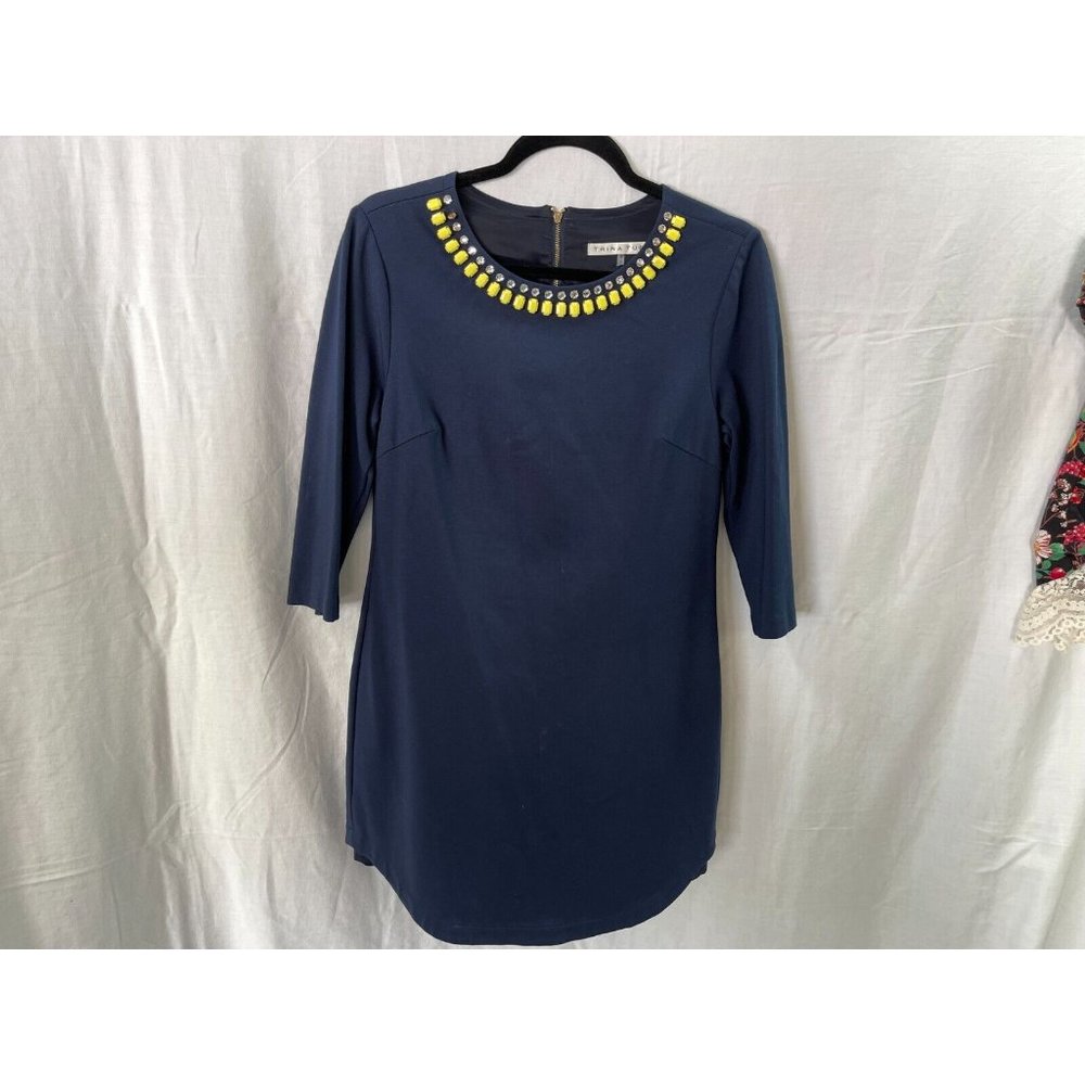 Trina Turk Womens Dress Navy Blue ¾ Sleeve Embellished Rhinestone Collar Size 6